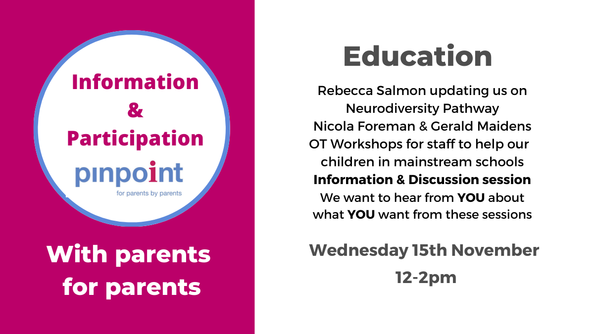 Information and Participation Education, Rebecca Salmon updating us on Neurodiversity Pathway, Nicola Foreman & Gerald Maidens, OT workshops for staff to help our children in mainstream schools. Information & Discussion session. We want to hear from YOU about what You want from these sessions, Wednesday 15 November, 12-2pm