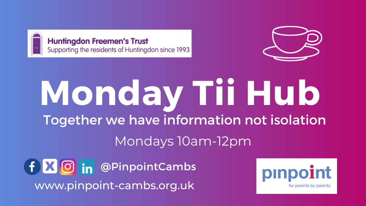 Monday Tii Hub, Togehter we have information not isolation, Mondays 10am-12pm, Pinpoint logo, Huntingdon Freeman's logo