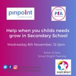 Help when your child's needs grow in Secondary School, Wednesday 8th November, 12-2pm. Karen & Sarah, Smart Bright Training. Pinpoint logo, Pinpoint Preparing for adulthood logo and Smart Bright Training Logo.