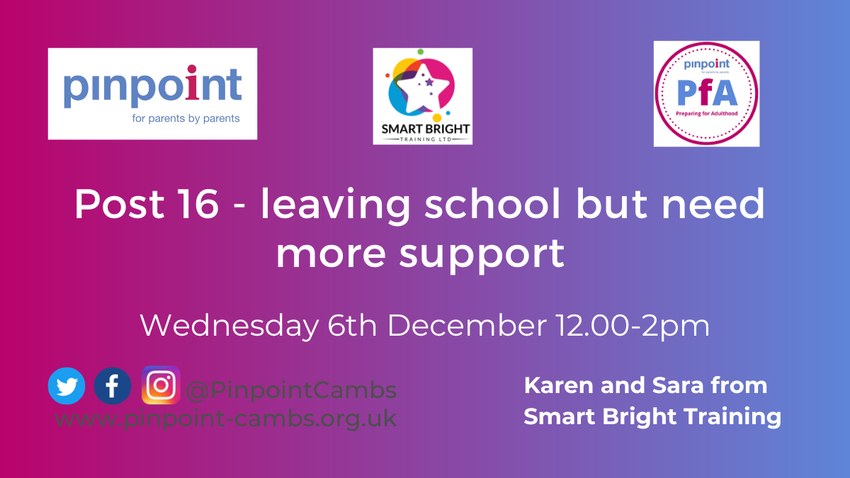 Post 16, leaving school but need more support. Wednesday 6th December 12pm until 2pm Karen and Sara from Smart Bright Training. Pinpoint Cambridgeshire, Pinpoint Logo, Smart Bright Training logo