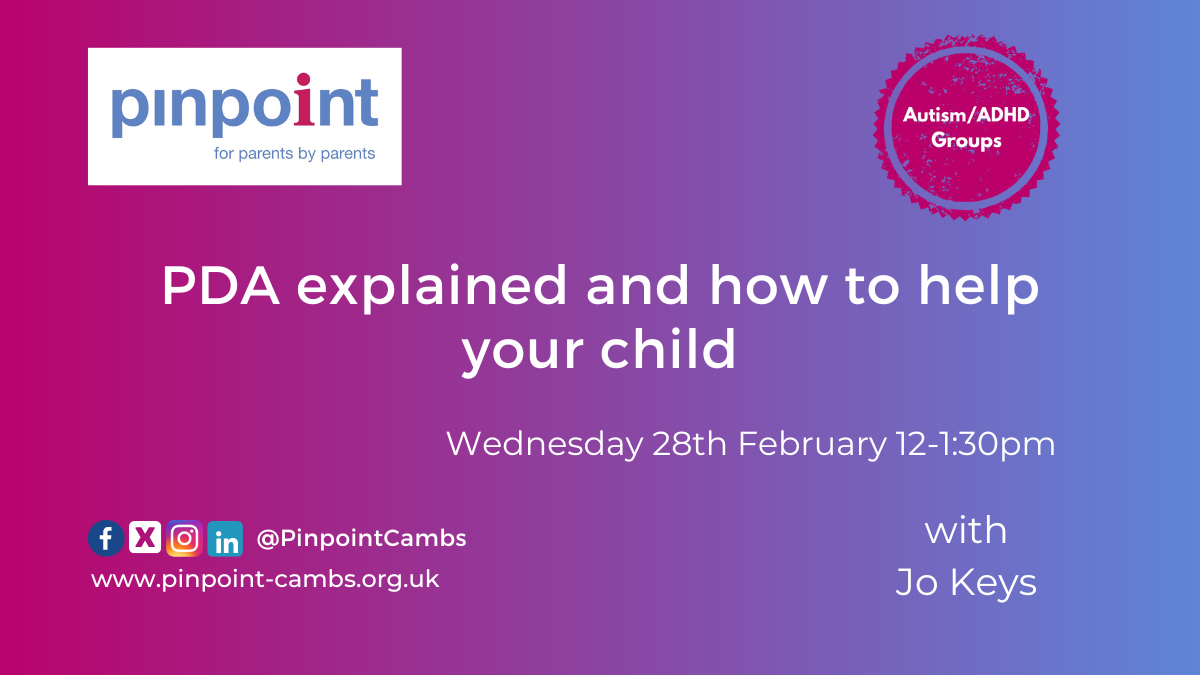 Pinpoint Event Flyer: PDA explained and how to help your child. Wednesday 28th February 12-1:30pm, with Jo Keys. Pinpoint Logo, ASD/ADHD logo. Pinpoint Social Media handles.