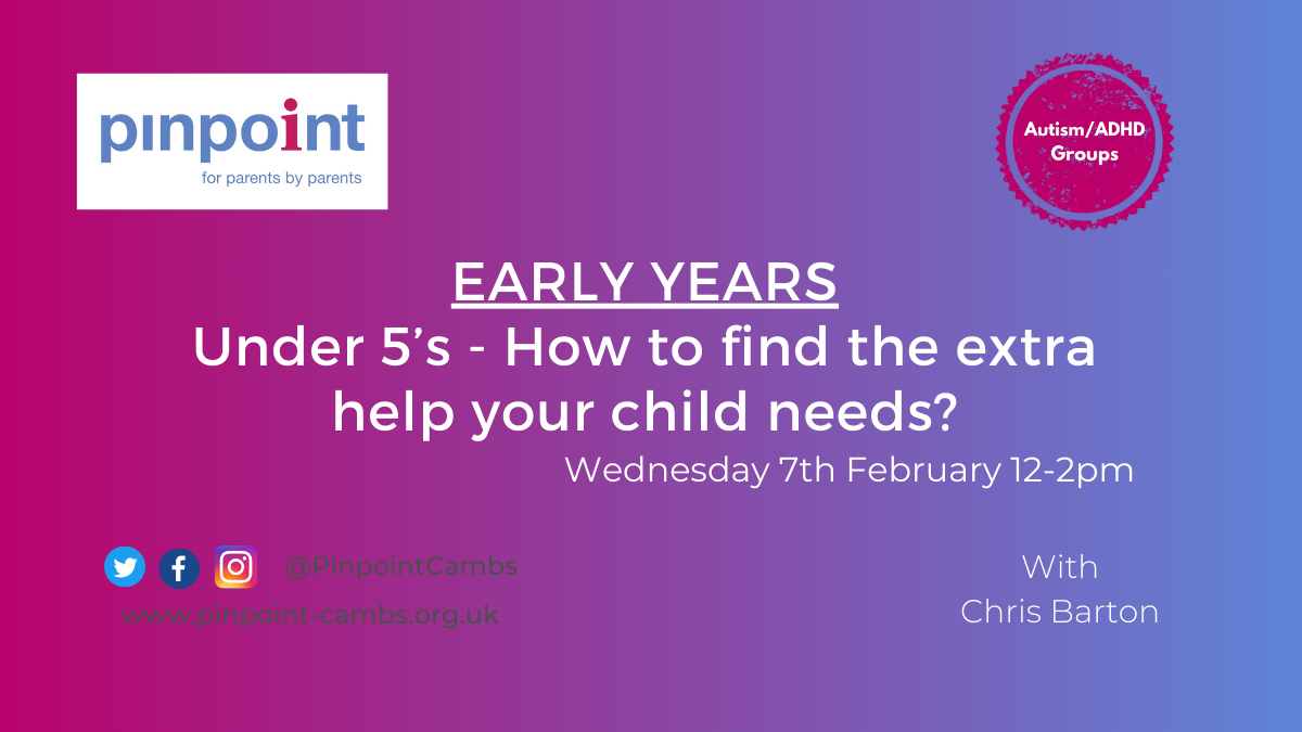 EARLY YEARS. Under5's - How to find the extra help your child needs. Wednesday, 7th February 2024, 12-2pm. With Chris Barton. Pinpoint Logo